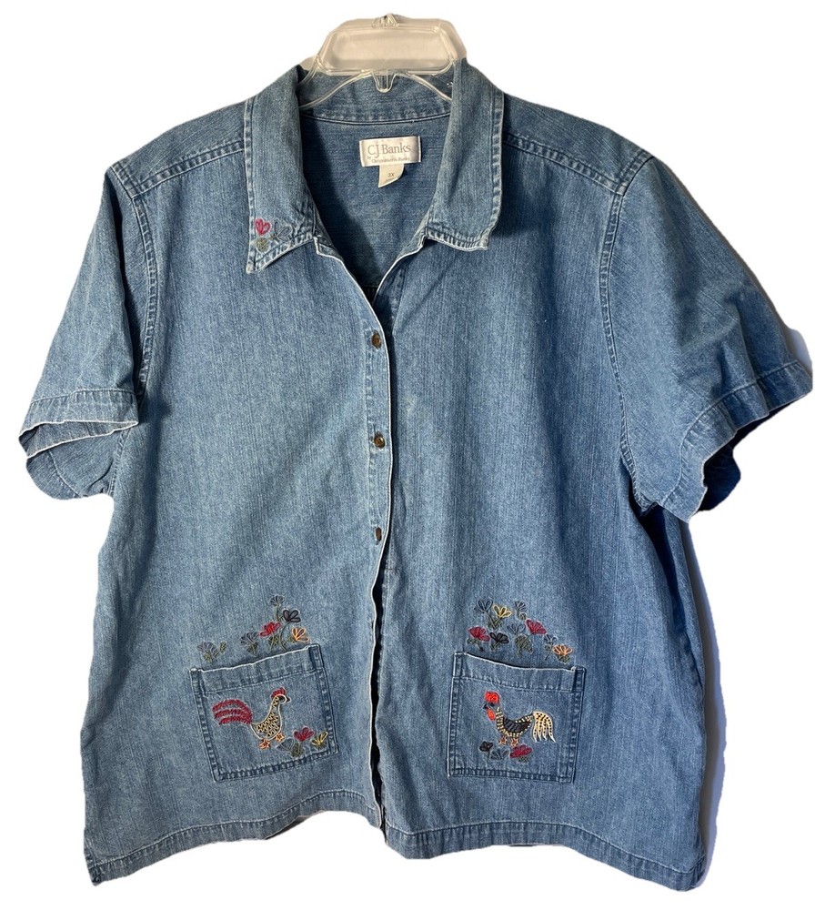 C.J Banks Rooster Embroidered Denim Button Up Shirt Sz 3X Pockets Short Sleeve