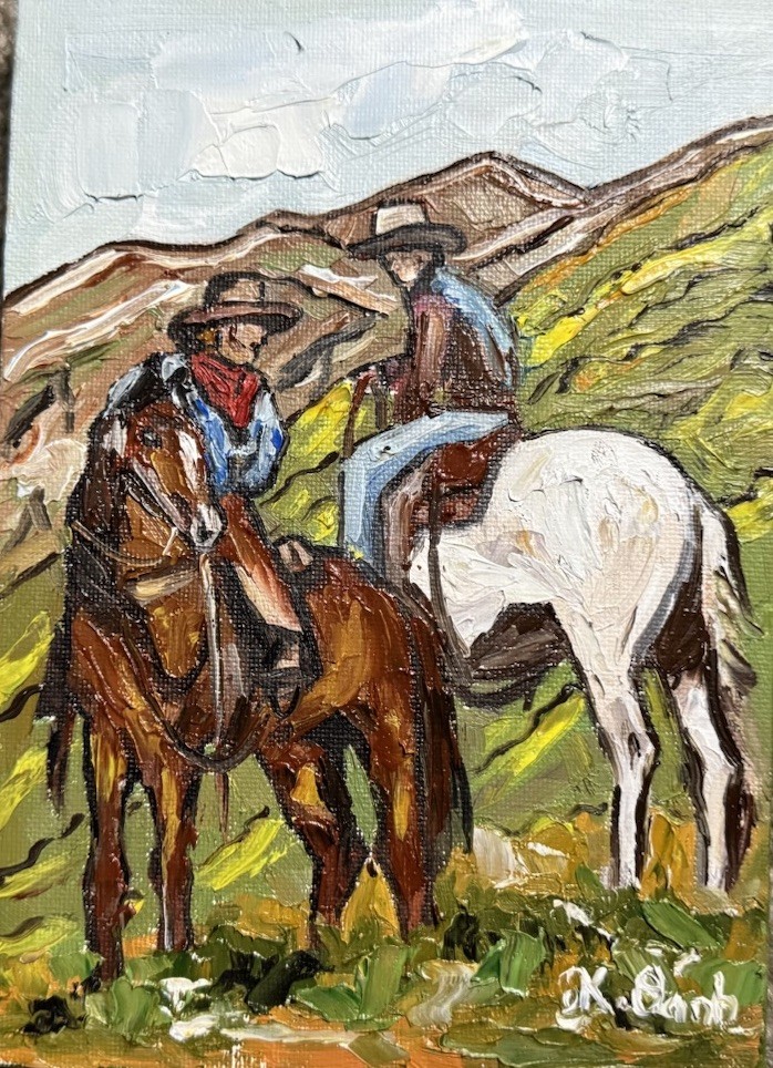 ORIGINAL OIL PAINTING WESTERN COWBOY ABSTRACT LANDSCAPE SIGNED FRAMED 5x7