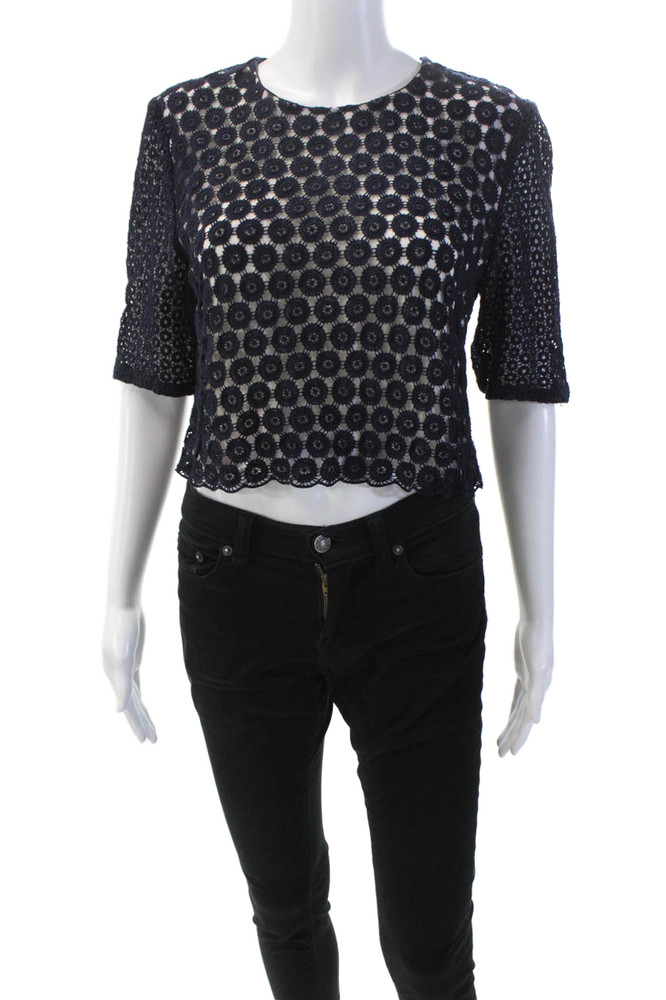 ALC Womens Cotton Geometric Short Sleeve Round Neck Blouse Blue Size LFree Shipping in US $100+ Orders | $6.95 Orders Below