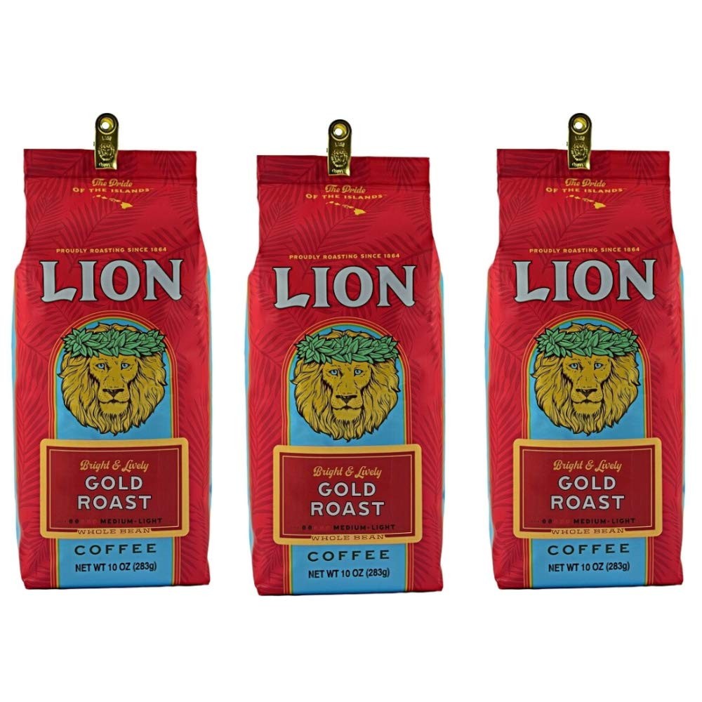 Lion Coffee, Gold Roast, Whole Bean, 10 Ounce Bag (Pack of Three)