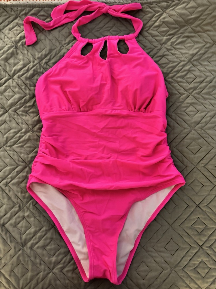 AIMAGE Halter One Piece Swimsuit Pink Built-In Bra Stretch Size M