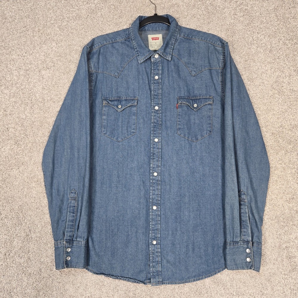 Levi's denim Shirt Mens Medium Blue Pearl Snap Western Long Sleeve