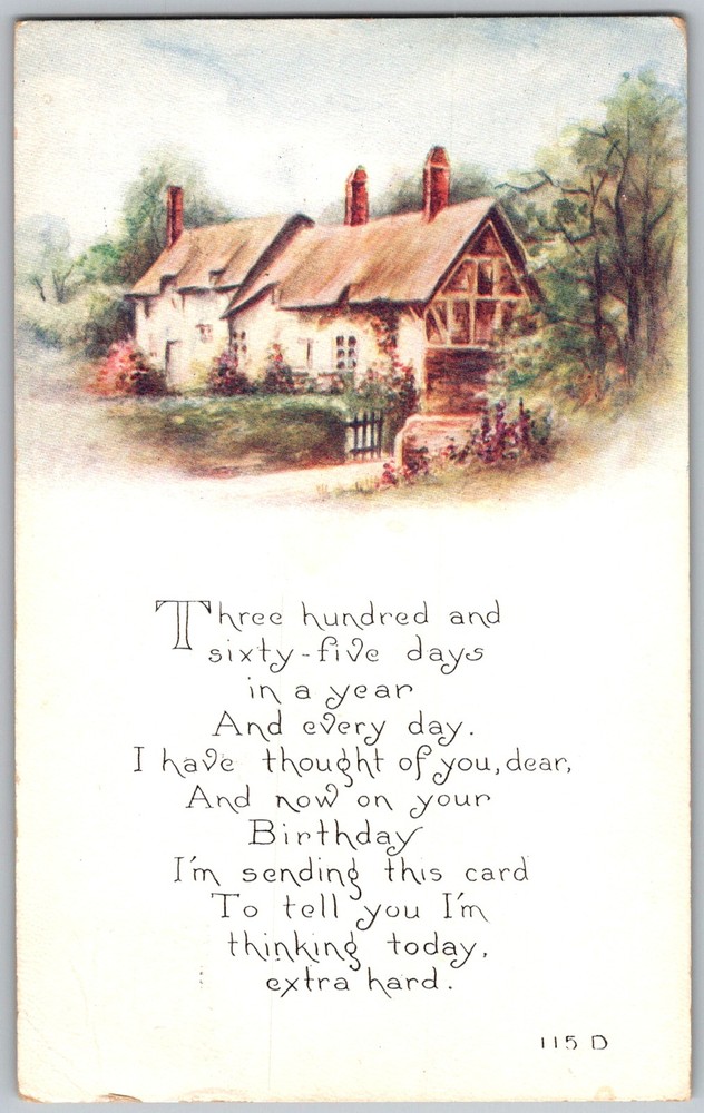 Antique Postcard Thatched Cottage Birthday Poem 1910s