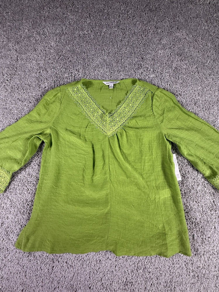 NWT Counterparts Spring Blouse Green Size Small Lace Trim 3/4 Sleeves