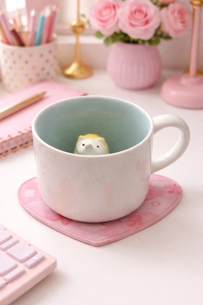 Yellow Kitschy Hedgehog 3D Coffee Mug Cup Ceramic Figurine Inside