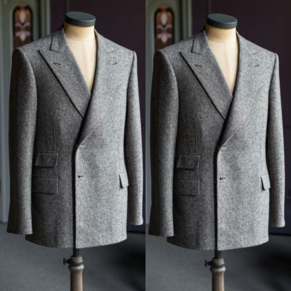 Grey Men's Suit Peak Lapel Offical Business Tuxedo Jacket Workwear Woolen 2Pcs
