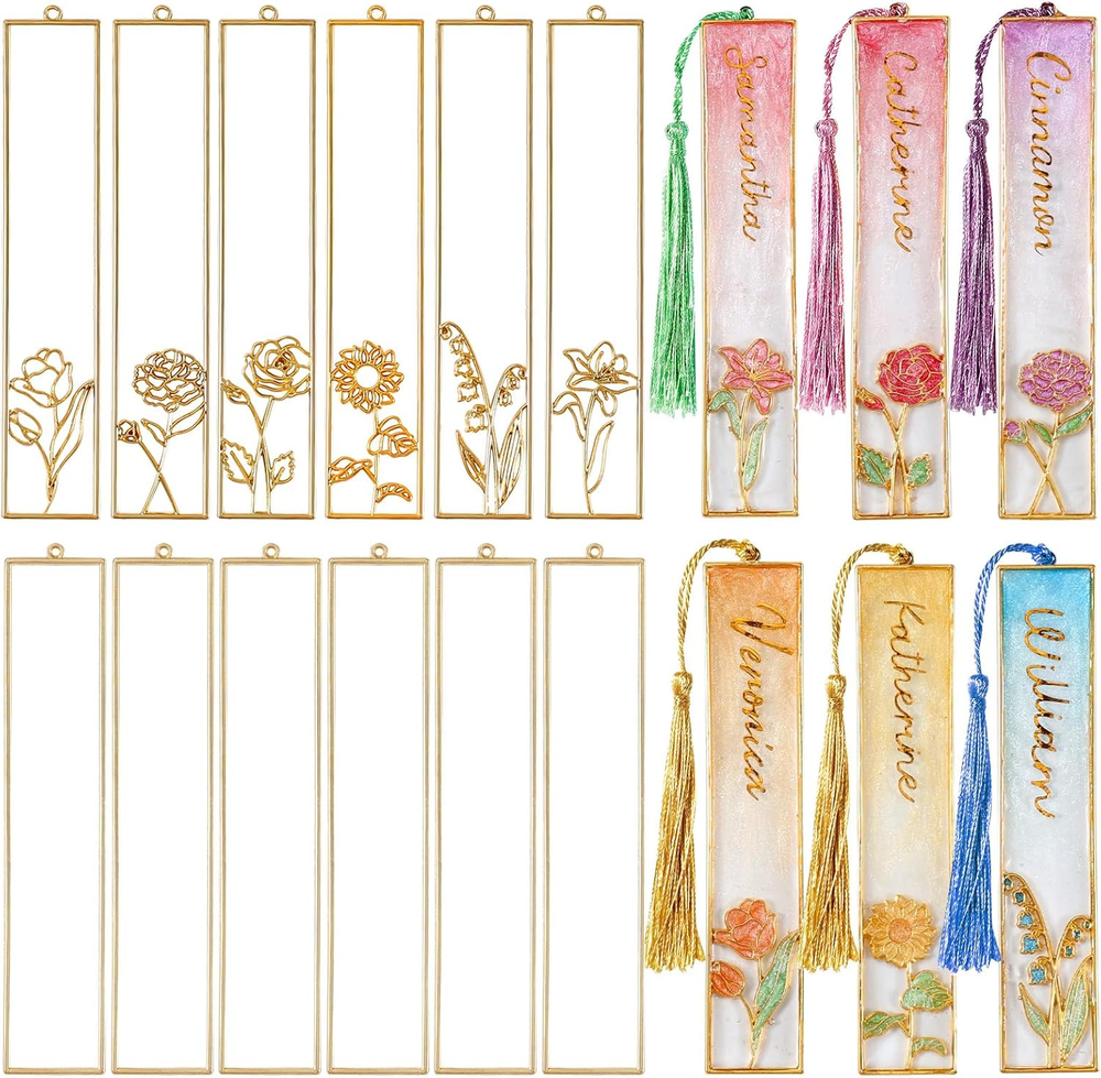 12-Piece DIY Bookmark Bezels with Tassels & Flower UV Resin Molds