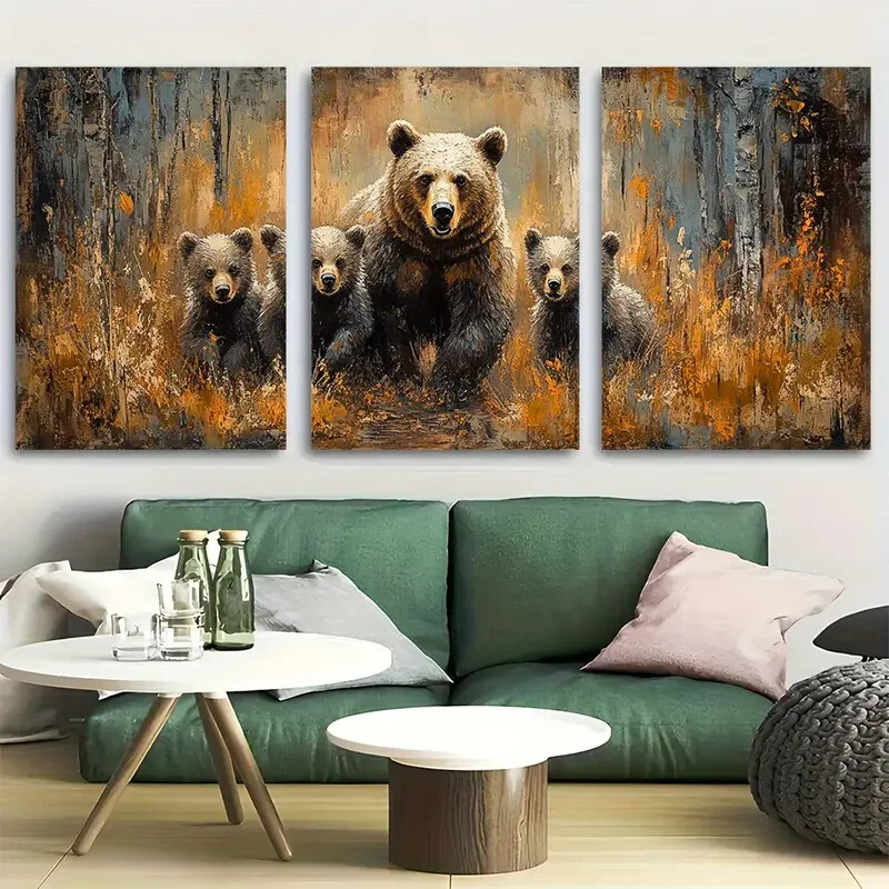 3pcs Rustic Grizzly Bear and Cubs Metal Wall Art Ready to Hang