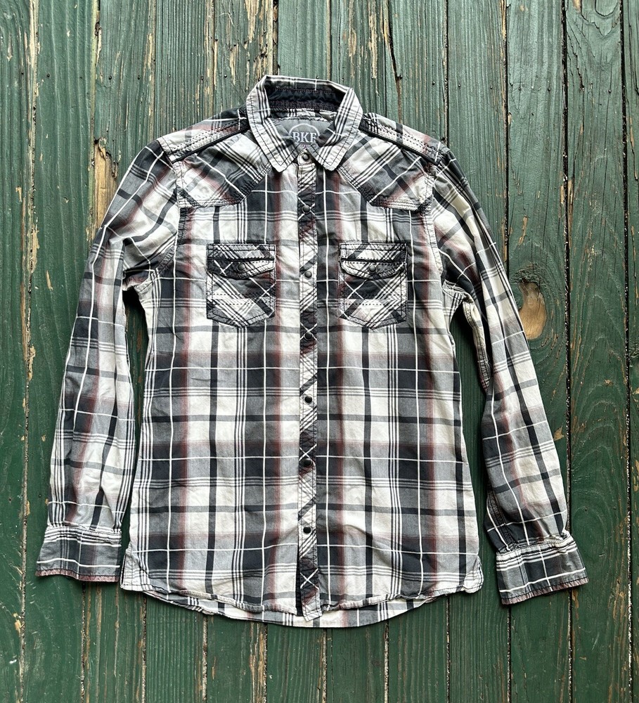 BKE Buckle Pearl Snap Western Shirt Athletic Fit  White Gray Blue Plaid Small
