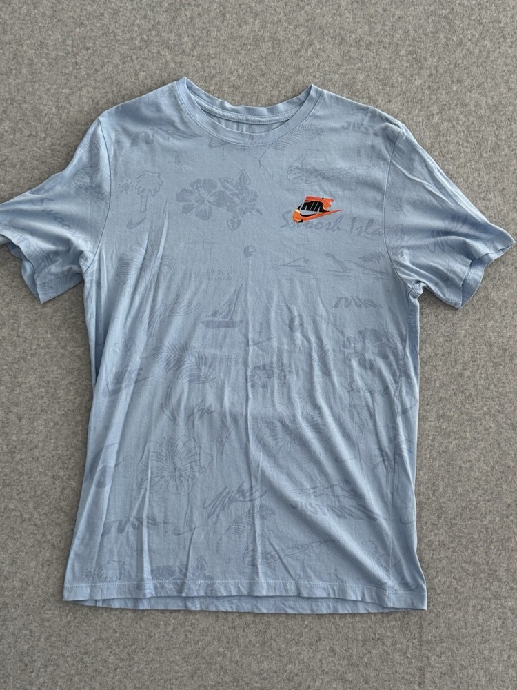 Nike T-Shirt Light Blue Tropical Print Hawaiian Floral Swoosh Island Men’s Large
