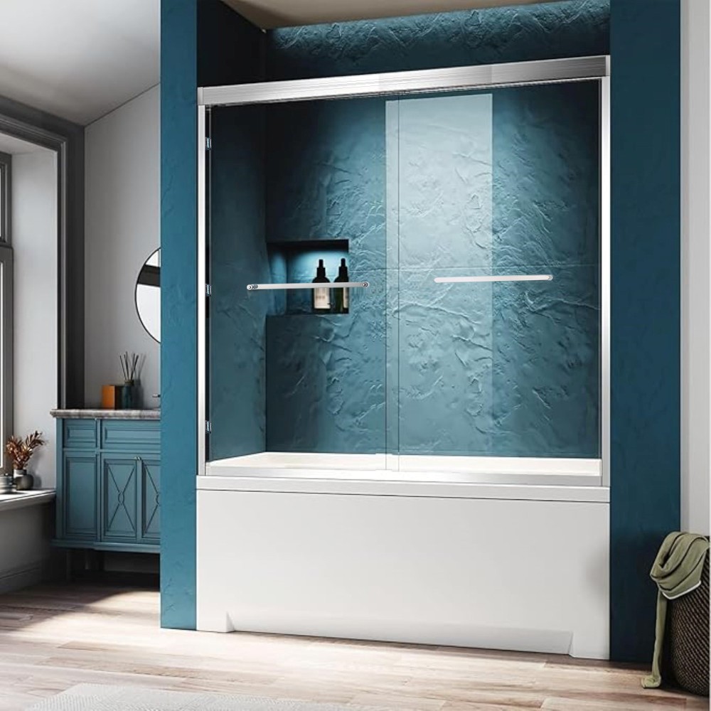 Double Sliding Tub Shower Door Aluminium Alloy Frame 6mm Tempered Clear Glass
