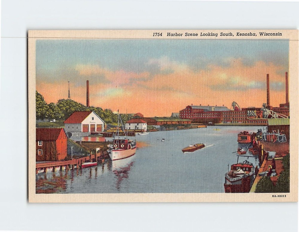 Postcard Harbor Scene Looking South Kenosha Wisconsin USA