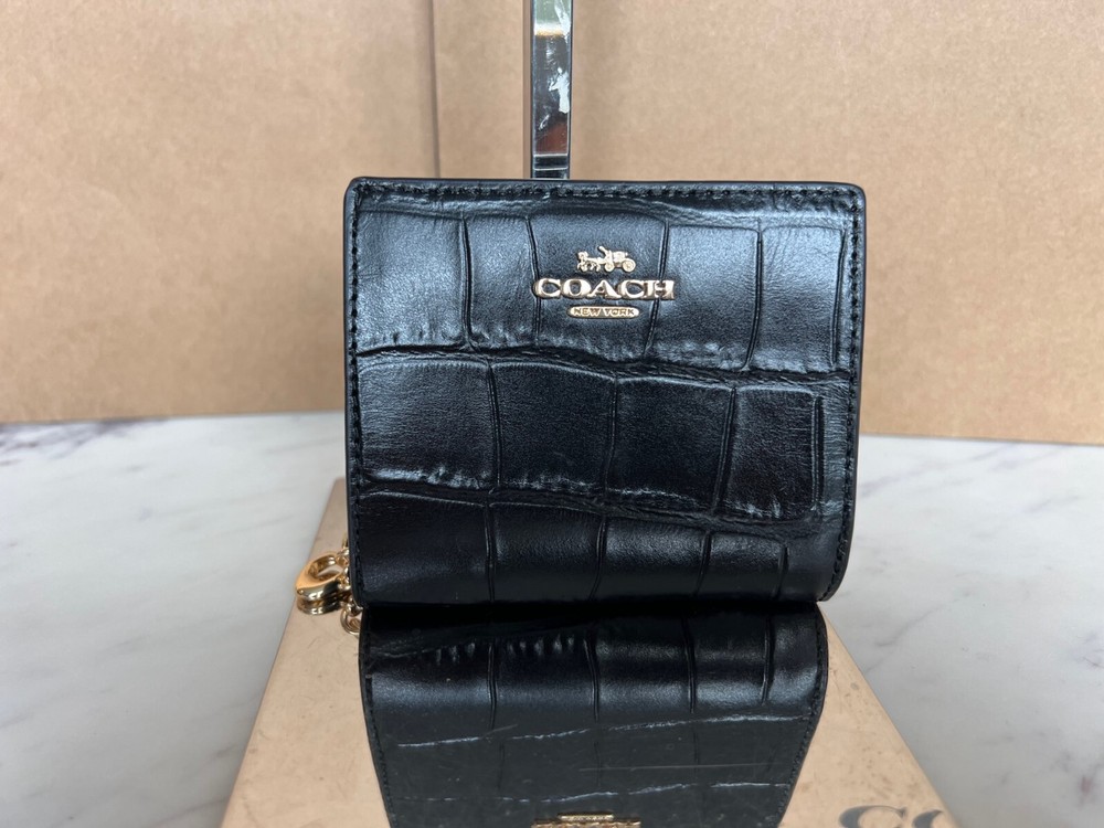 Coach Snap Wallet C6092 Black Crocodile-Embossed Leather Crossbody Style  