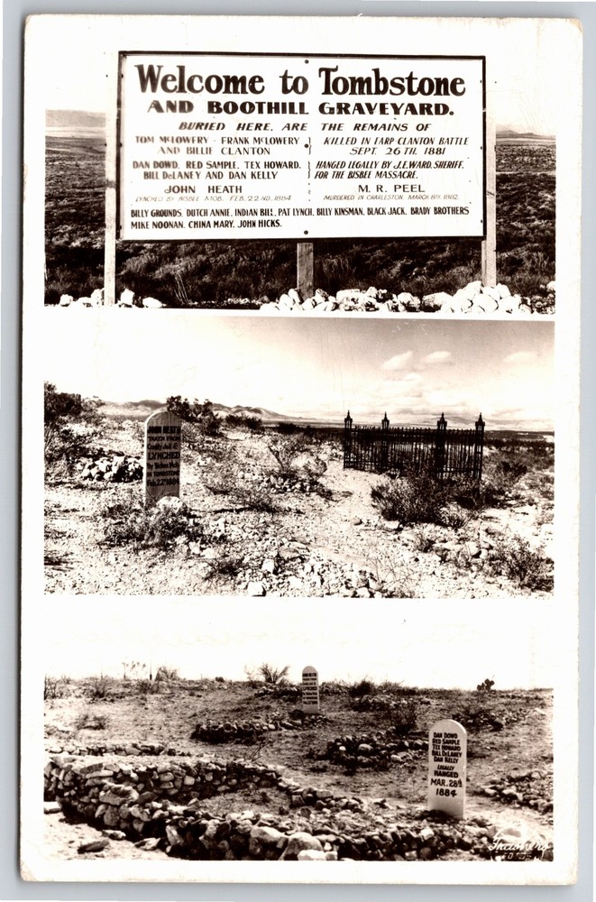 RPPC~Welcome Sign & 2 Views Tombstone & Boothill Graveyard~Real Photo Postcard