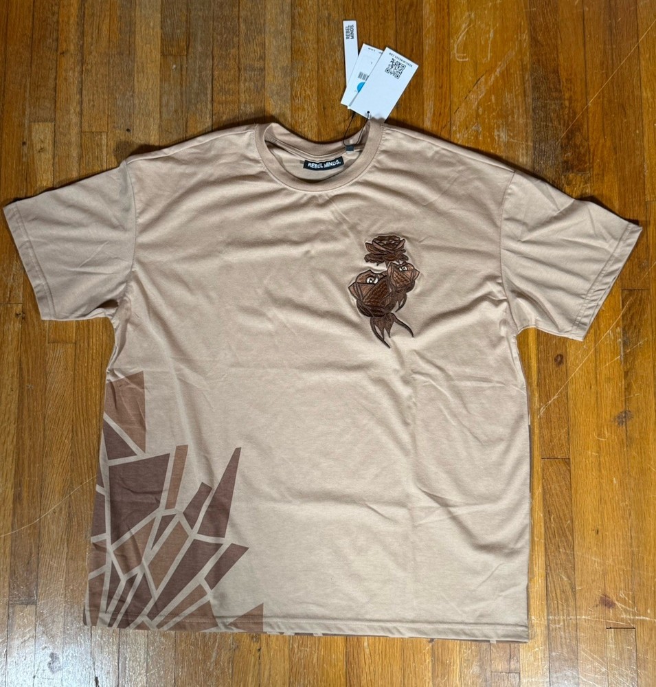 REBEL MINDS Beige Graphic T Shirt Embroidery Size Large