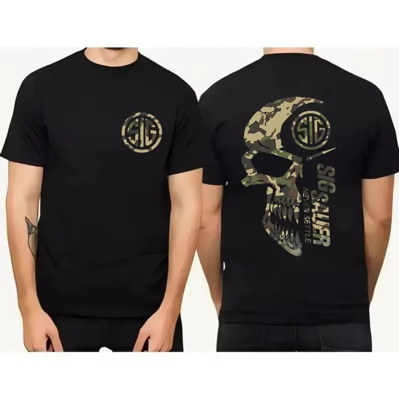 2025 Summer Men's Camo with Sig Sauer Never Settle T-shirt, Unisex Short Sleeve