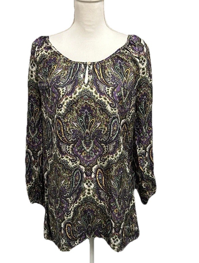 J.Crew Womens 100% Silk Paisley Colorful Blouse Size Small Keyhole Long Sleeve