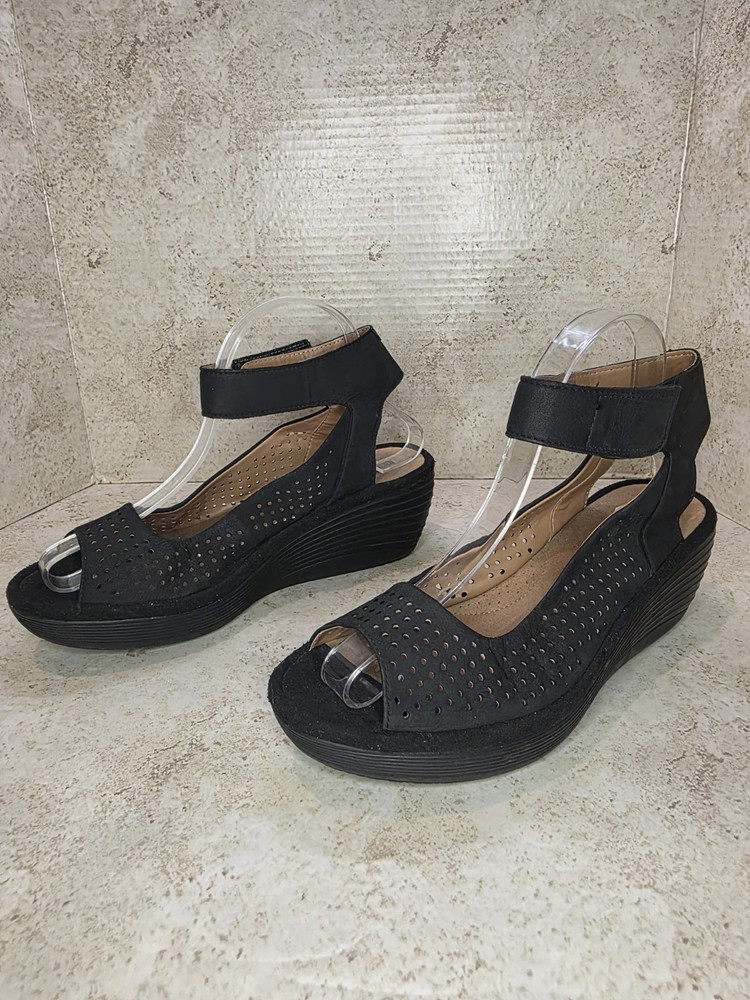 Clarks Reedly Salene Black Nubuck 3 Inch Wedge Slide Sandal Size 8.5M Comfort Business Wear