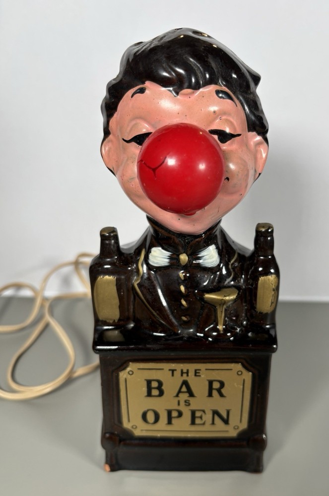 Vintage 1950’s Bar Lamp “The Bar Is Open” Novelty Light Bartender Red Nose Works