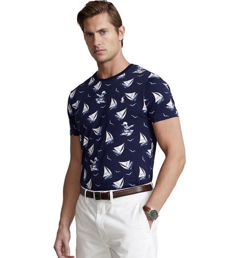 Ralph Lauren Polo Bear Sailboat Crew Neck T-Shirt Large navy nautical preppy