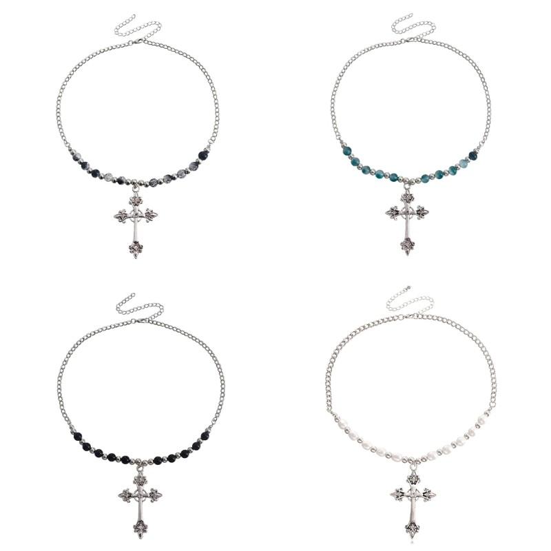 Pearl Cross Pendant Necklace Hip Hop Retro Beaded Necklace Religious Jewelry