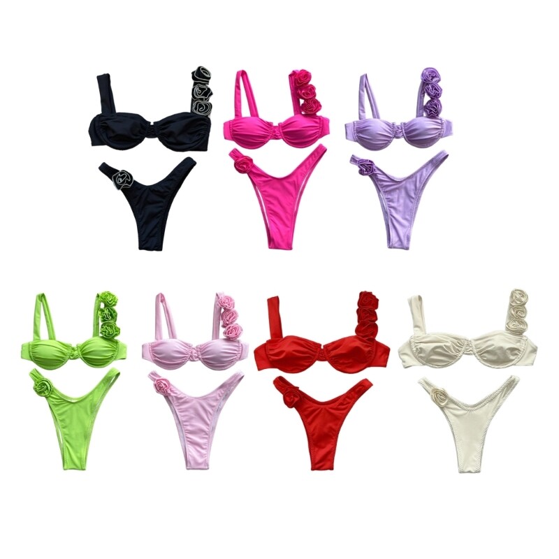 Women Two Pieces Swimwear Set High-waist Bottom Bikinis Swimming Costume