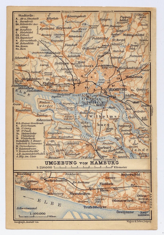 1910 Original Antique Map Of Hamburg And Vicinity / Altona Blankenese / Germany