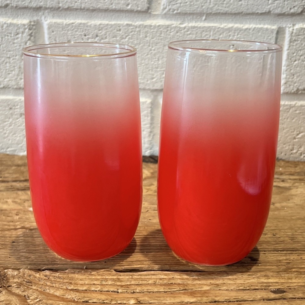 Vintage Red White Ombre Decorated Glass Drinking Tumblers Gold Rim Set of 2