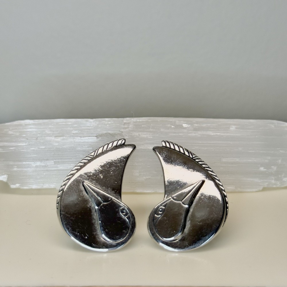 Vintage Laurel Burch Clip on Cuff Earrings Silver Tone Geese Birds Signed