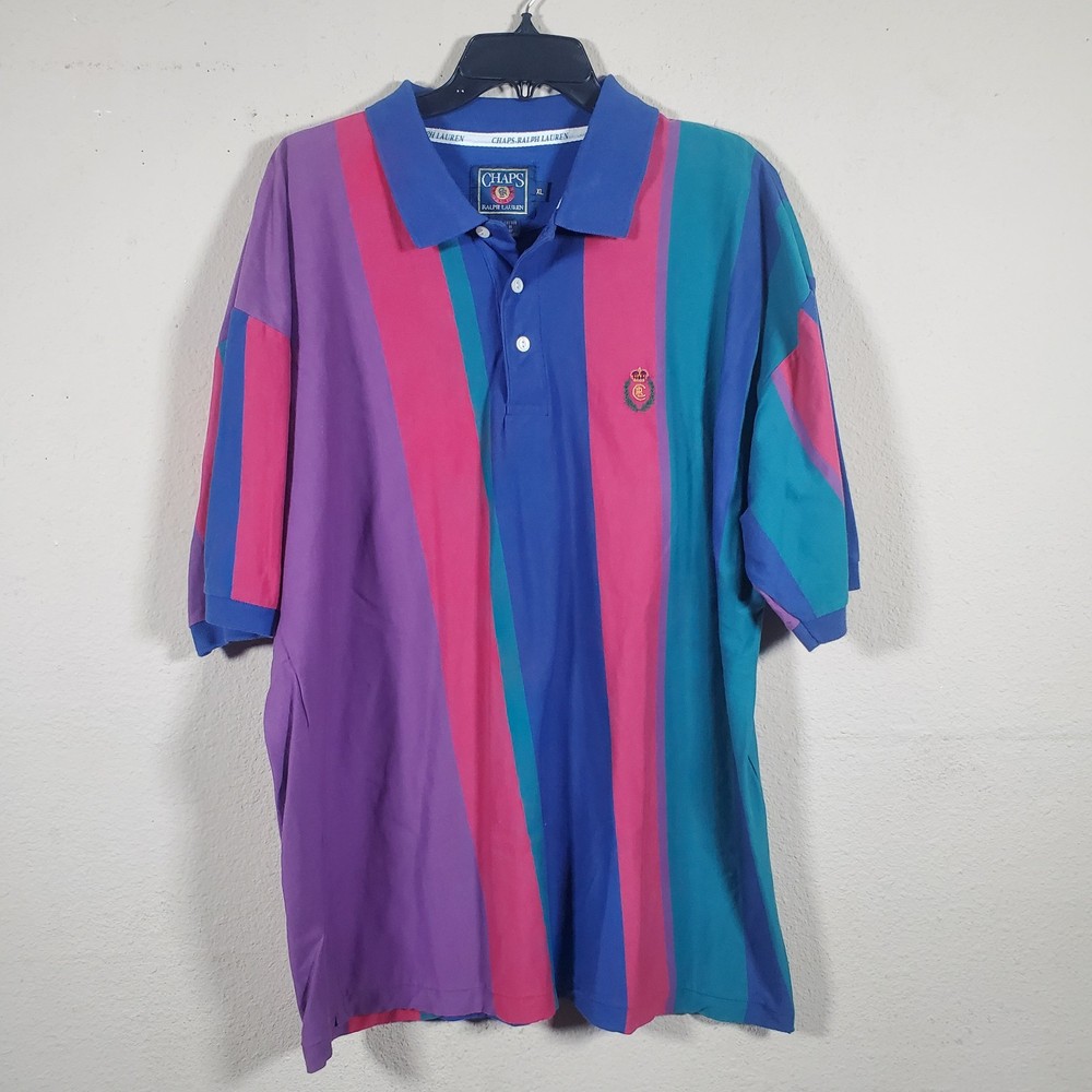 VTG Chaps Ralph Lauren Polo Shirt XL Colorblock Striped USA Made 90s Crest
