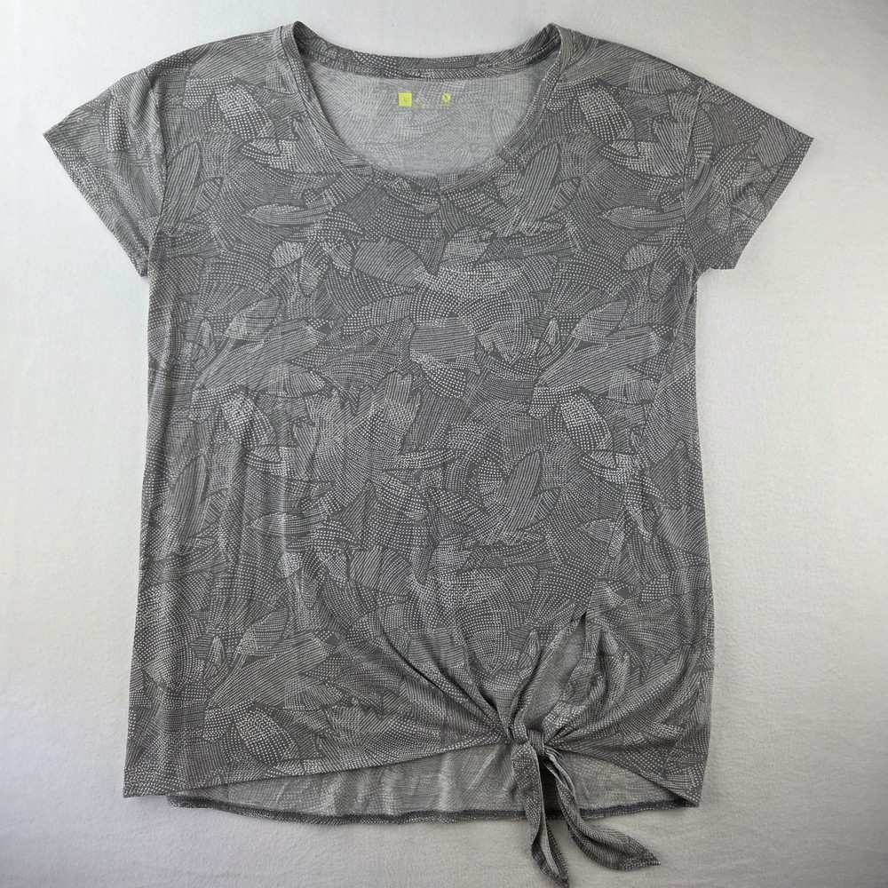 Xersion Women's Size Large Shirt Tunic Round Neck Short Sleeve Gray Bottom Tie