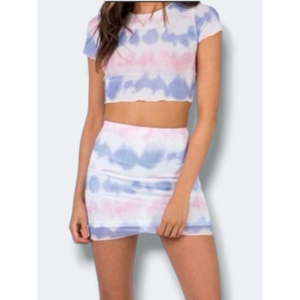 Princess Polly Set Women’s 6 Tie Dye Mesh Top Skirt Pink Purple Lettuce Trim
