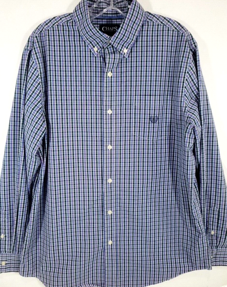 Chaps Ralph Lauren-Mens Long Sleeve Button Down Shirt-Large-Blue Plaid-Casual