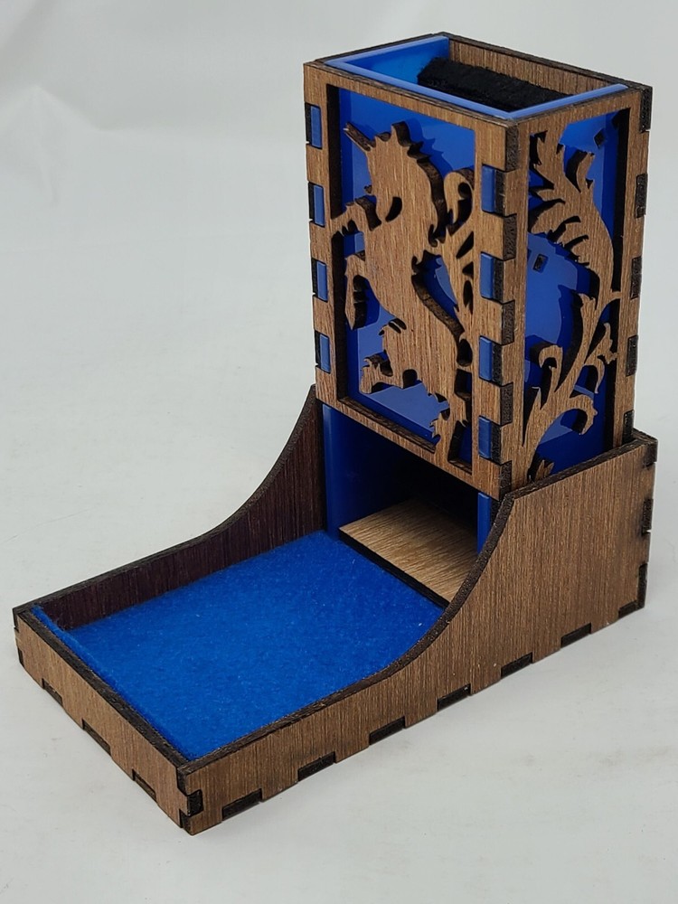 UNICORN Dice Tower Tray wood & blue acrylic nesting portable tabletop games DND