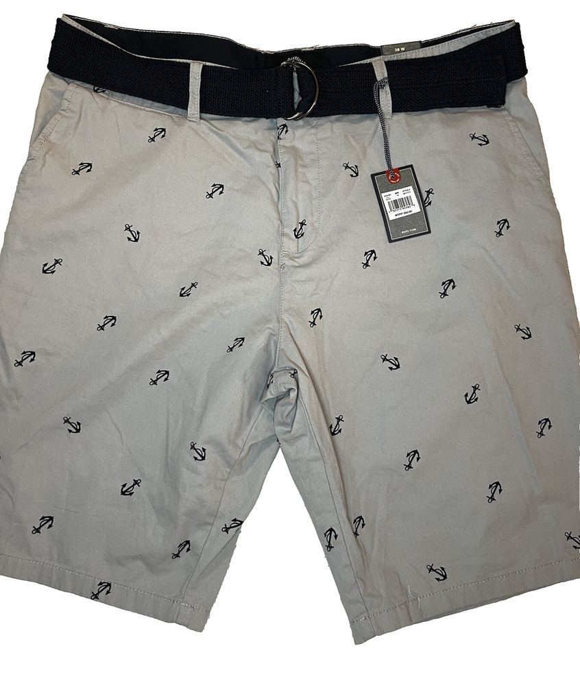 NEW! Beverly Hills Polo Club Mens Shorts Chinos Tan Navy Anchor Flat Front Sz 38