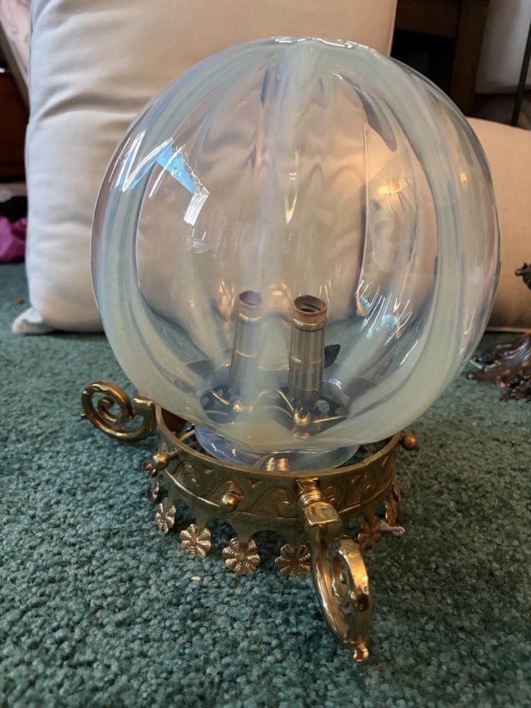 Antique Opaline Glass Shade with Crown Brass light fixtures 1920s