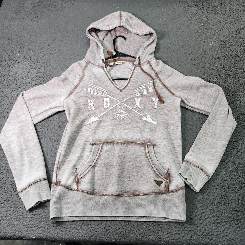 Roxy Hoodie Womens Medium Beige V Neck Arrow Graphic Pullover Sweatshirt Pocket