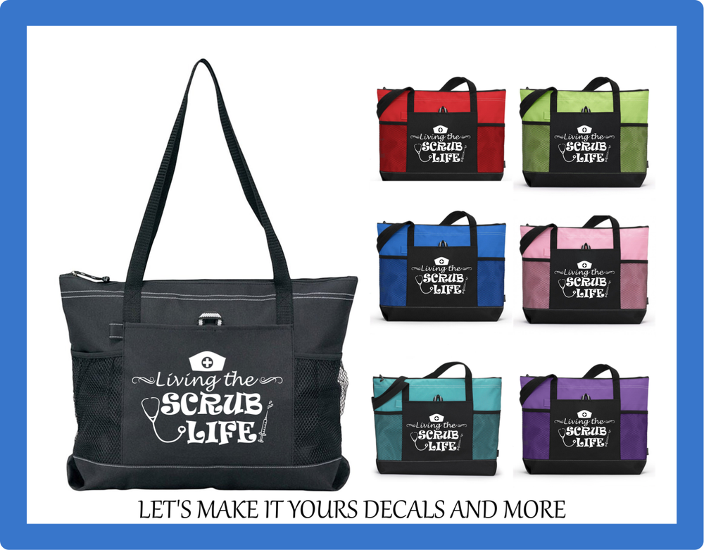 LIVING THE SCRUB LIFE NURSE DESIGN CUSTOM TOTE PURSE SCHOOL GYM SPORTS BAG ZIPS
