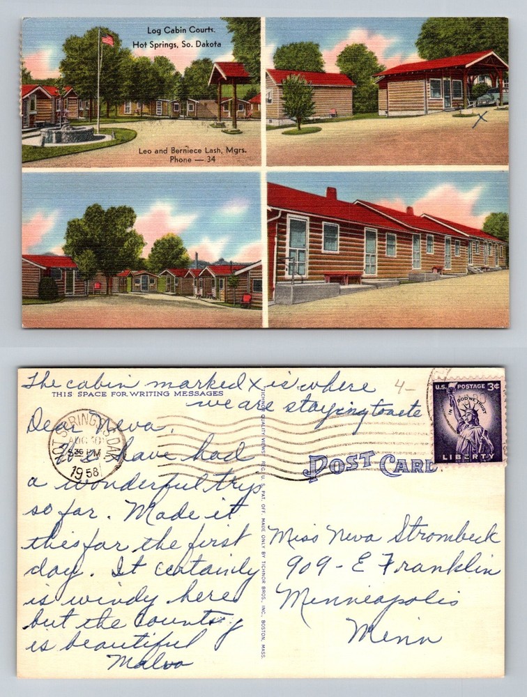 Hot Springs, SD-South Dakota, Log Cabin Courts Cabins Vintage c1958 Postcard