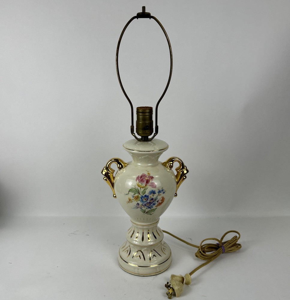 Vintage 1940-1960's Hand Painted Botanical Porcelain Lamp - Working!