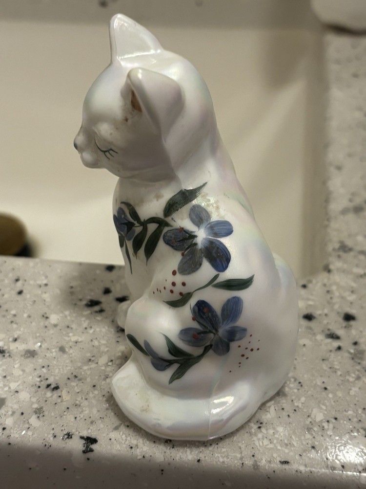 Cute Fenton Glass Kitten Sitting Cat Floral Hand Painted and Signed on Bottom