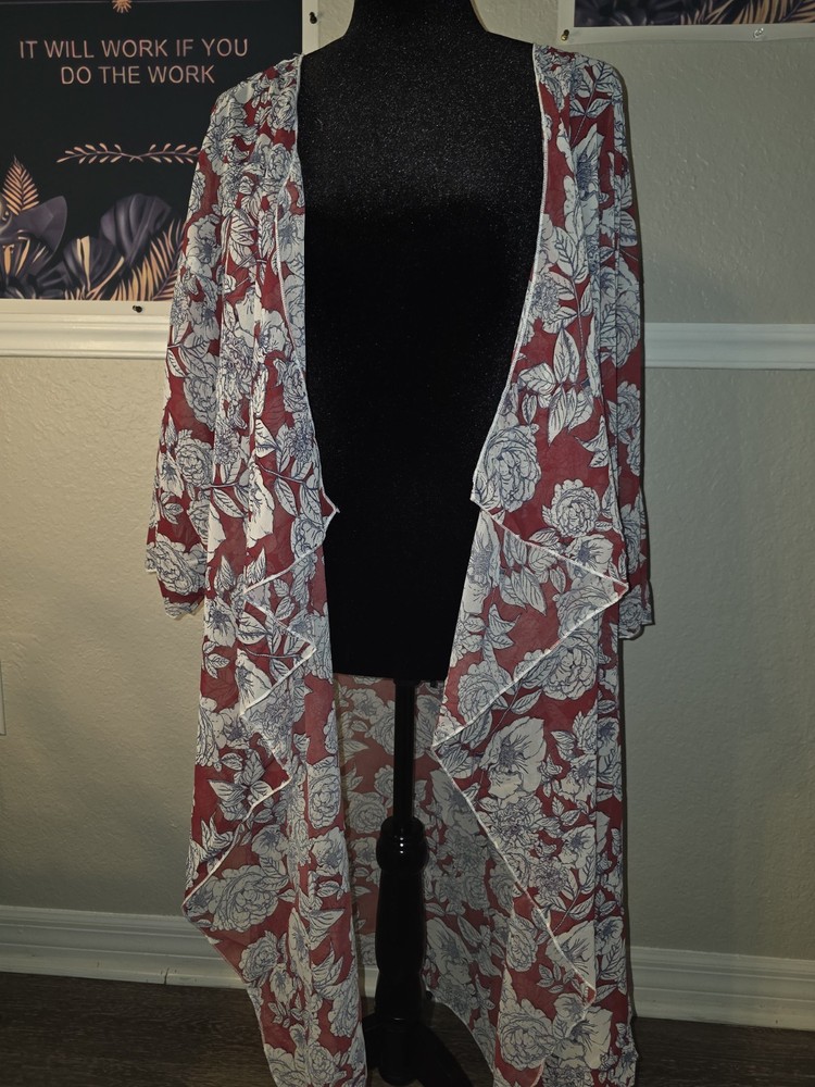 LuLaRoe Women's Shirley Floral Kimono 3/4 Sleeve Red White Blue Size L
