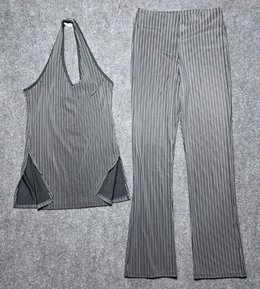 Women's Medium Halter Top 2 Piece Black With White Stripes Chesley