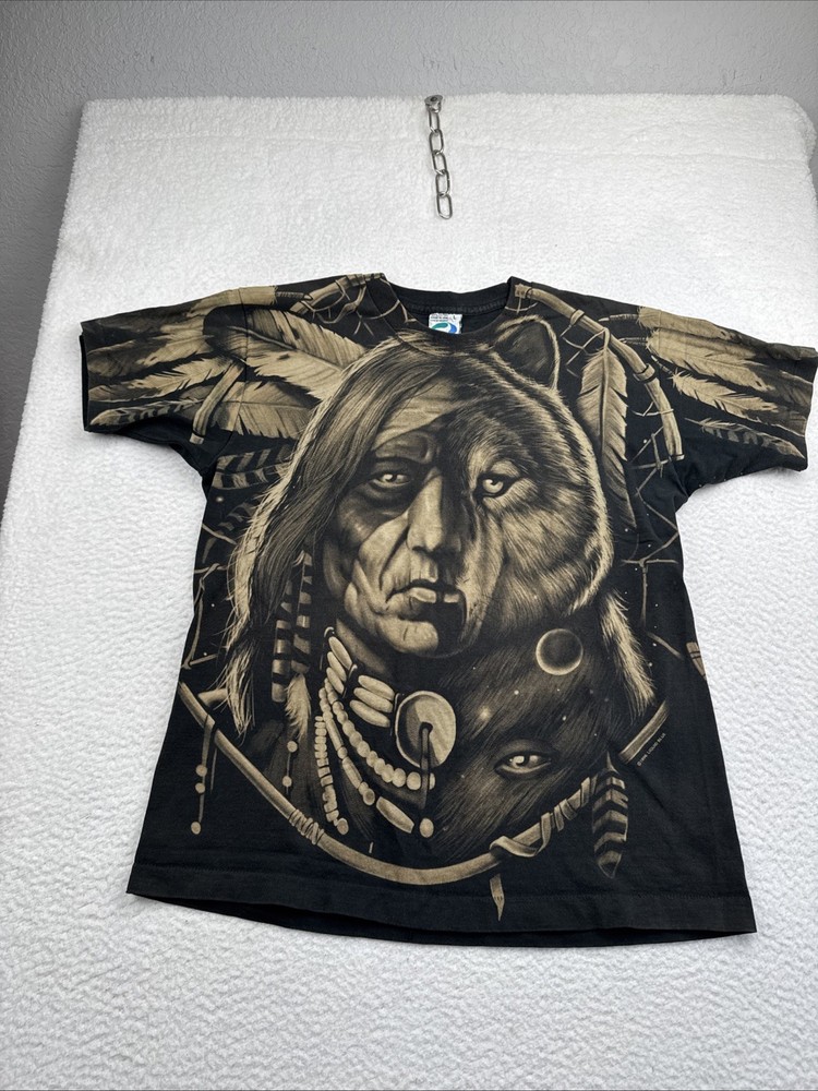 Vintage 90s Liquid Blue All Over Print Native American Tribal Wolf T-Shirt Sz LG