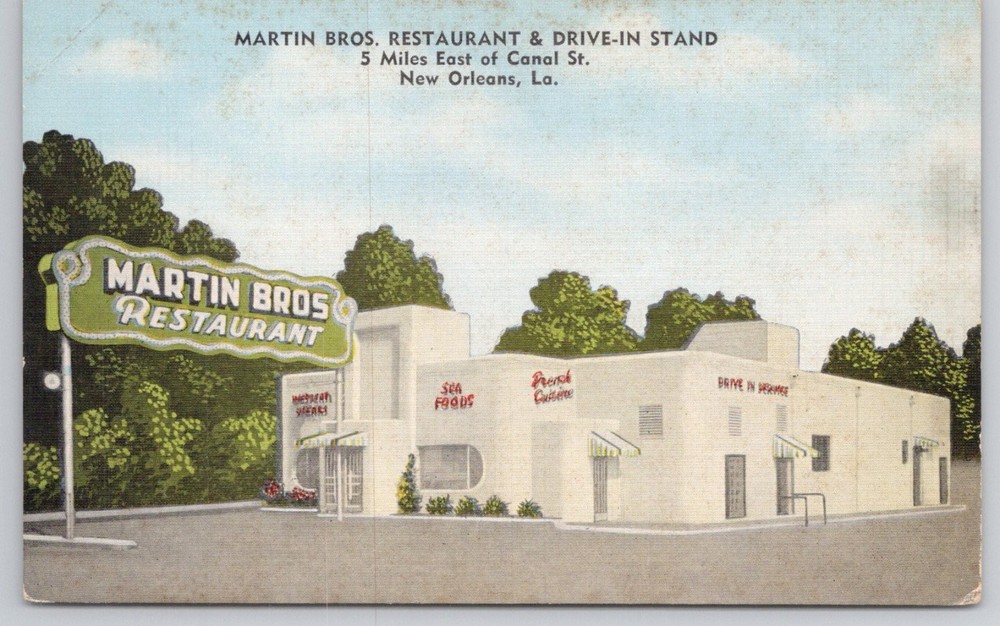 Vintage Martin Bros Restaurant New Orleans LA Linen Postcard Drive-In