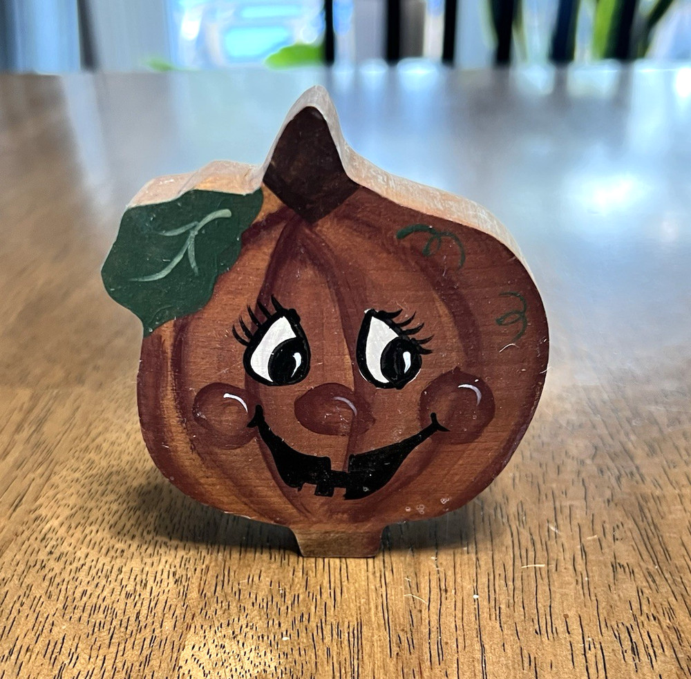 Vintage Hand Painted Pumpkin Shelf Sitter Wood Primitive Folk Art Country Rustic