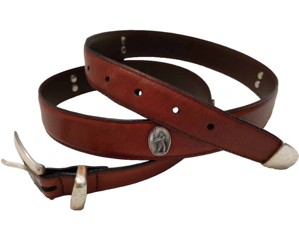 Vintage Brown Leather Silver Tone Golf Medalion Men's Belt sz 40