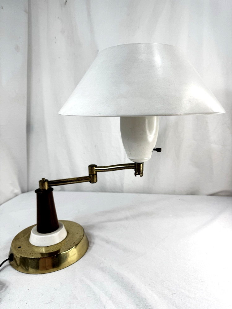 Vtg MCM Atomic Desk Lamp UFO Metal Saucer Disc Brass Swivel Weighted 17