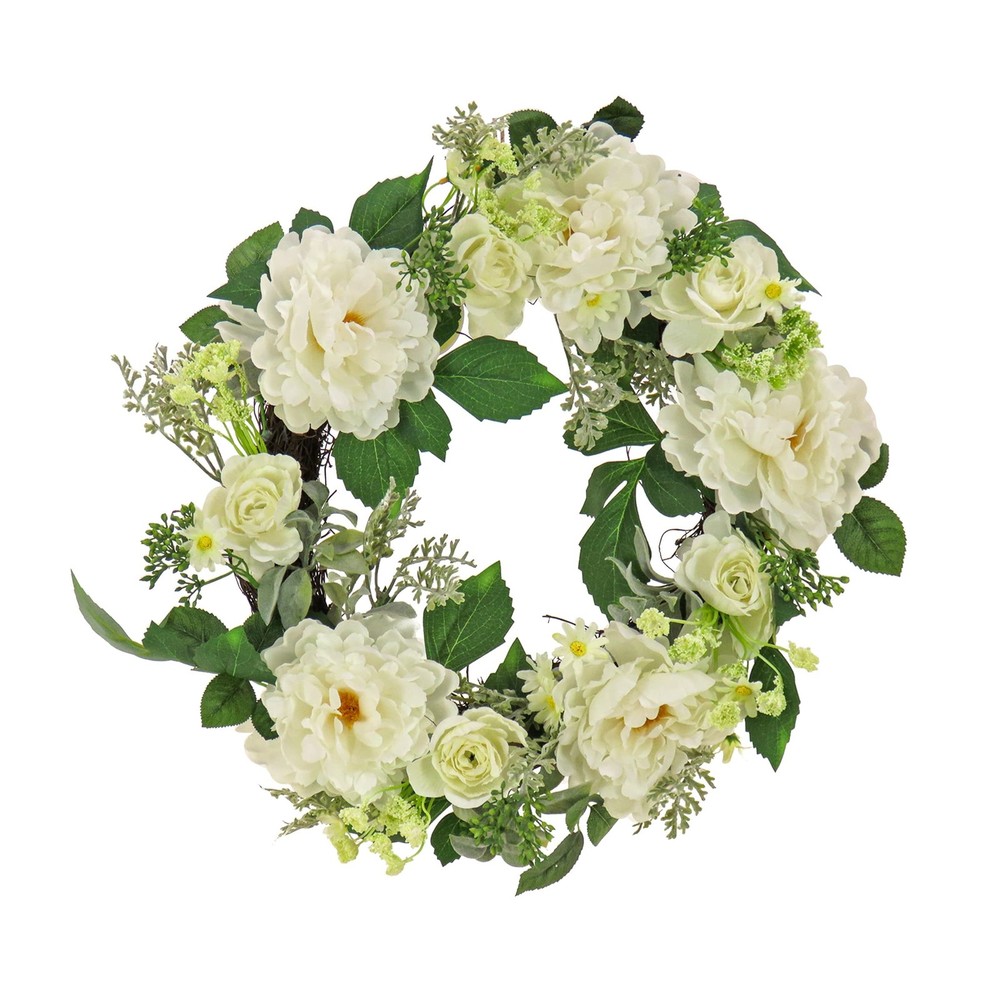 22 Inch Artificial Spring Wreath with Daisy Peony Buttercup Blooms