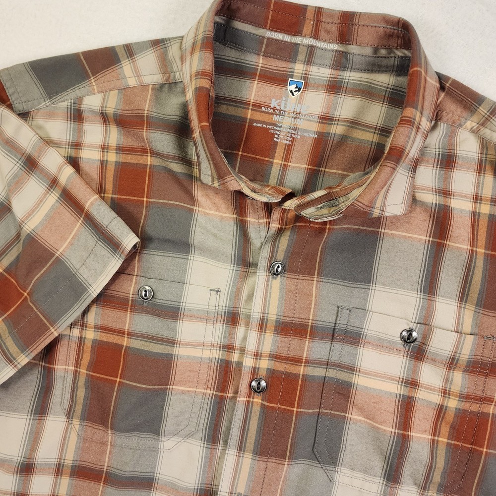 Kuhl Men's M Plaid Short Sleeve Rust Tan Button Up Shirt Outdoor Hiking 7383